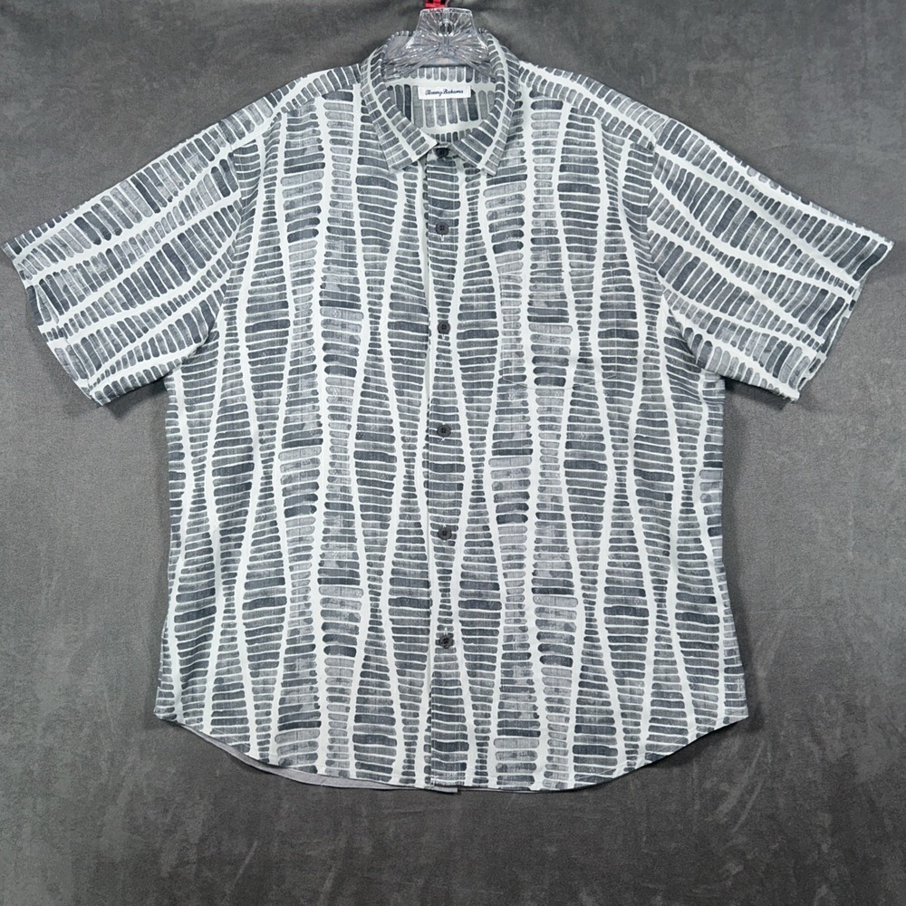 Tommy Bahama 100% Silk Shirt Mens L Gray Button Up Short Sleeve